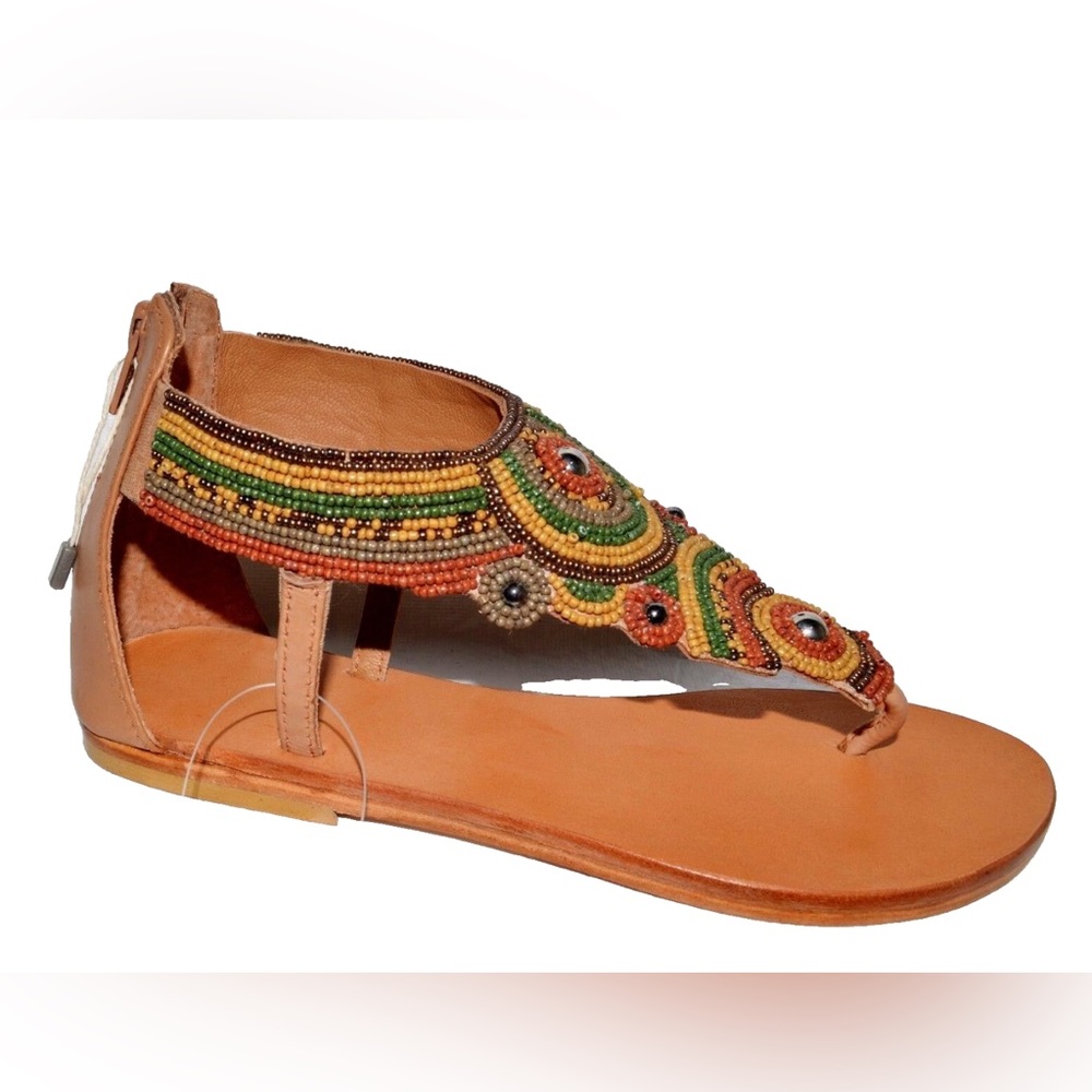 JFK NEW NEW $244 SZ 5.5 M 36 BROWN BEADED LEATHER THONG FLAT GLADIATOR SANDALS